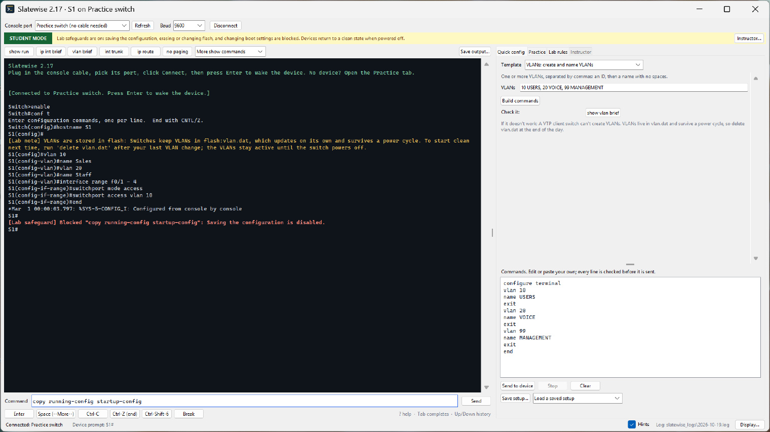 A command that would save the configuration is stopped before it reaches the device, with the reason in plain words.