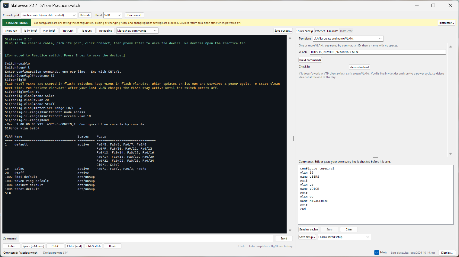 Building VLANs on the built-in practice switch, with a template beside the terminal.